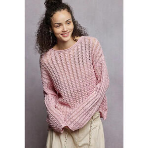 Openwork Round Neck Knit Top with Shiny Detail